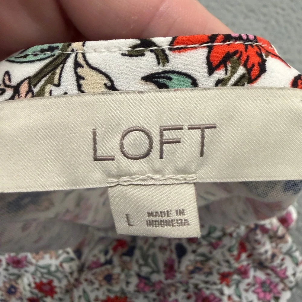 LOFT Top Womens Large Floral Print Split Neck Puff Sleeve Knit White Red